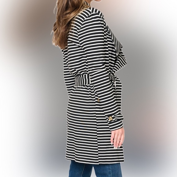 🆕 NWT GIBSONLOOK Blazer Belted Ponte Topper Jacket Black White Stripe Womens XS - Picture 2 of 9